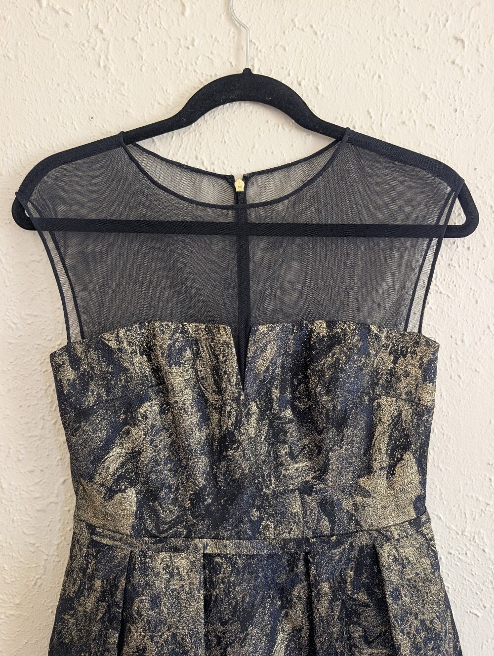 Pamella by Pamella Roland Metallic Black and Gold Party Dress with Mesh Yoke - Picture 2 of 9